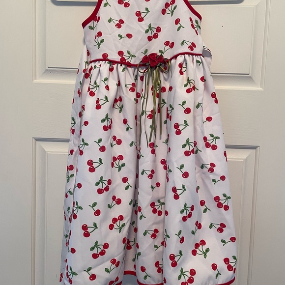 Girls White Cherry Print Sundress with Red Trim - Picture 12 of 15